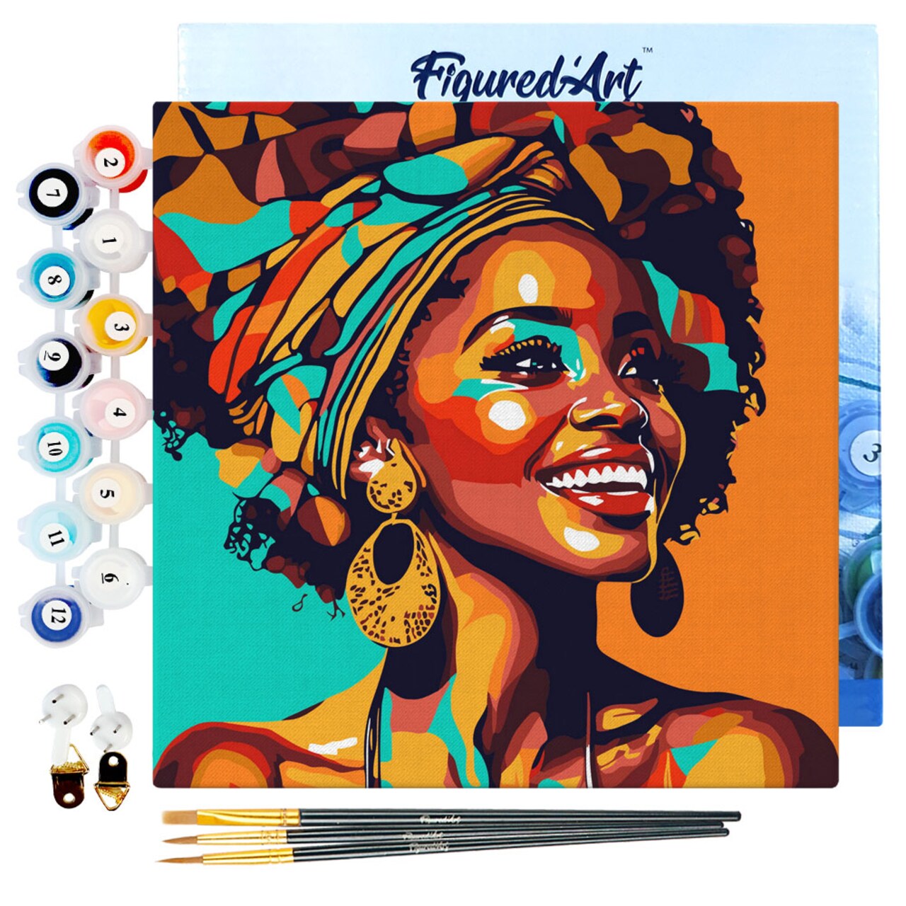 Figured'Art Mini Paint by Numbers Kit for Adults with Frame African Queen Pop Art Small format 8"x8" - Craft Art Painting DIY Canvas Already Stretched on a Wooden Frame